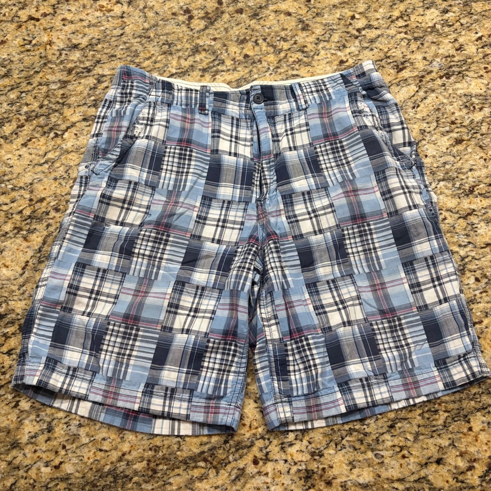 Faded Glory Mens Patchwork Plaid Shorts Blue White Madras Distressed Size 36